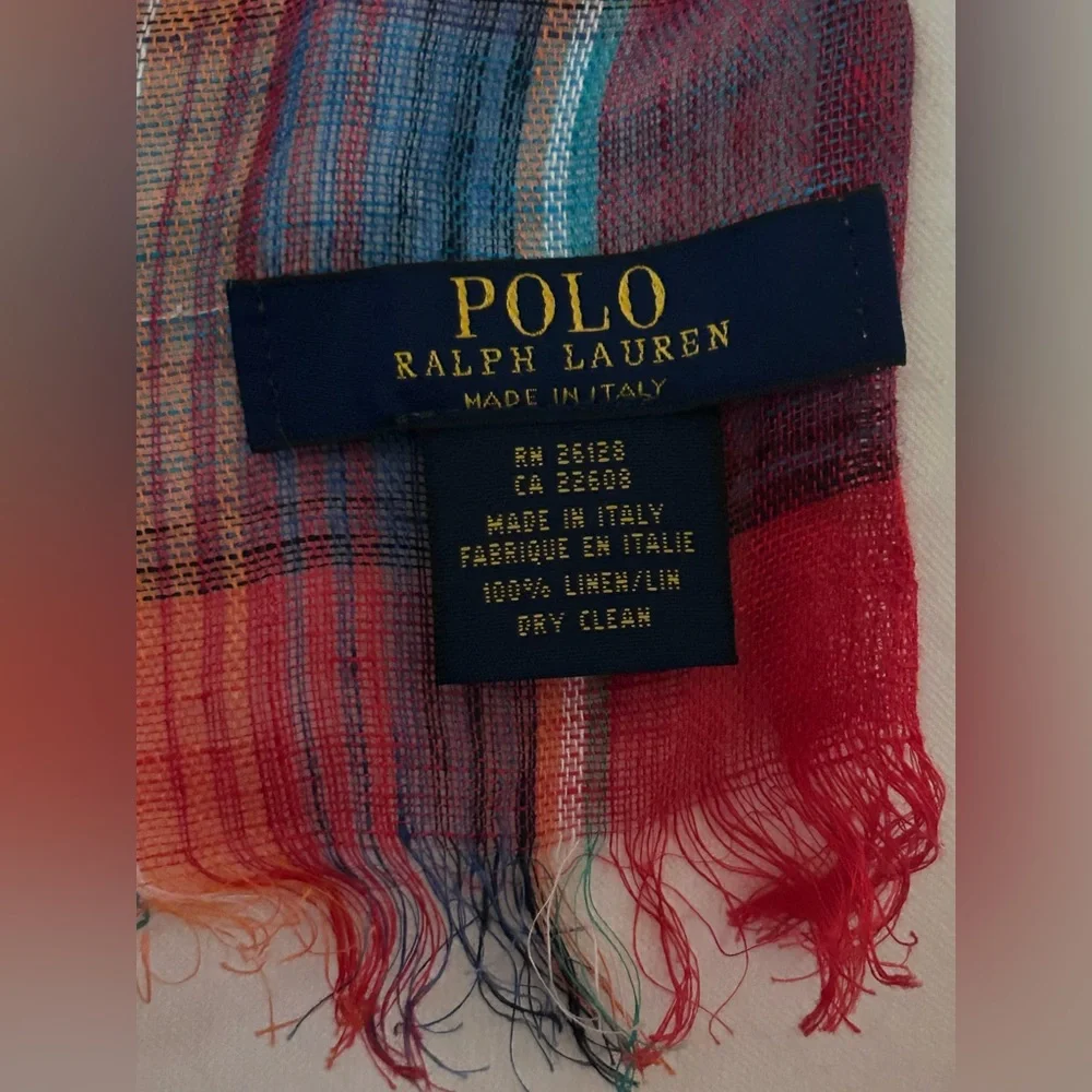 Polo Ralph Lauren Linen Plaid Red Aqua Colorful Linen Scarf Logo Embroidered